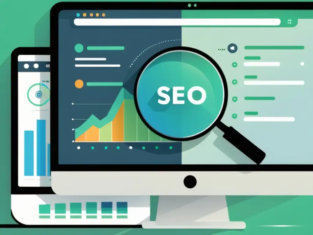 Análisis SEO con Serpstat: enfoque profundo y profesional Un análisis profundo de SEO con Serpstat: magnifying glass sobre pantalla de ordenador con datos y métricas SEO