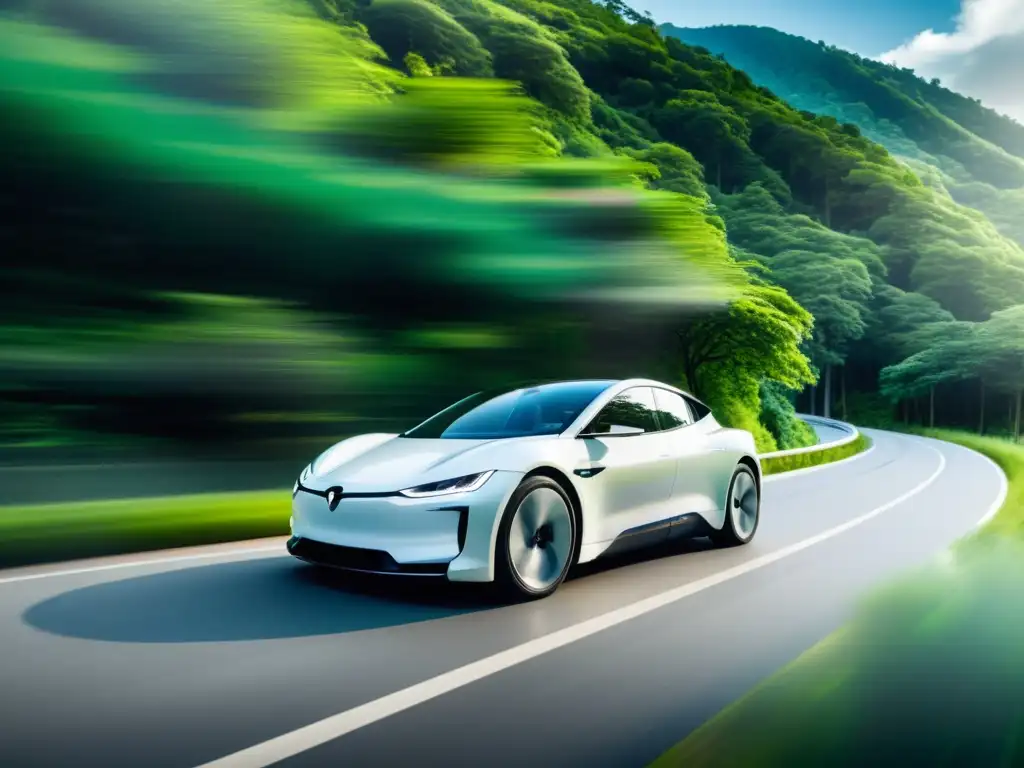 Coche eléctrico de alta velocidad en paisaje natural Un automóvil eléctrico de alta velocidad recorre sin esfuerzo una carretera sinuosa rodeada de exuberantes bosques verdes