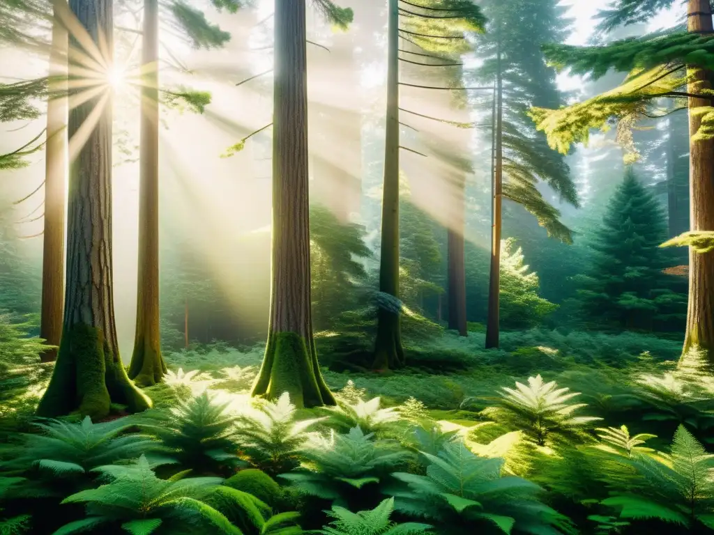 Bosque eterno: luz y vida en la naturaleza Un bosque exuberante de árboles perennes, bañado por la luz del sol