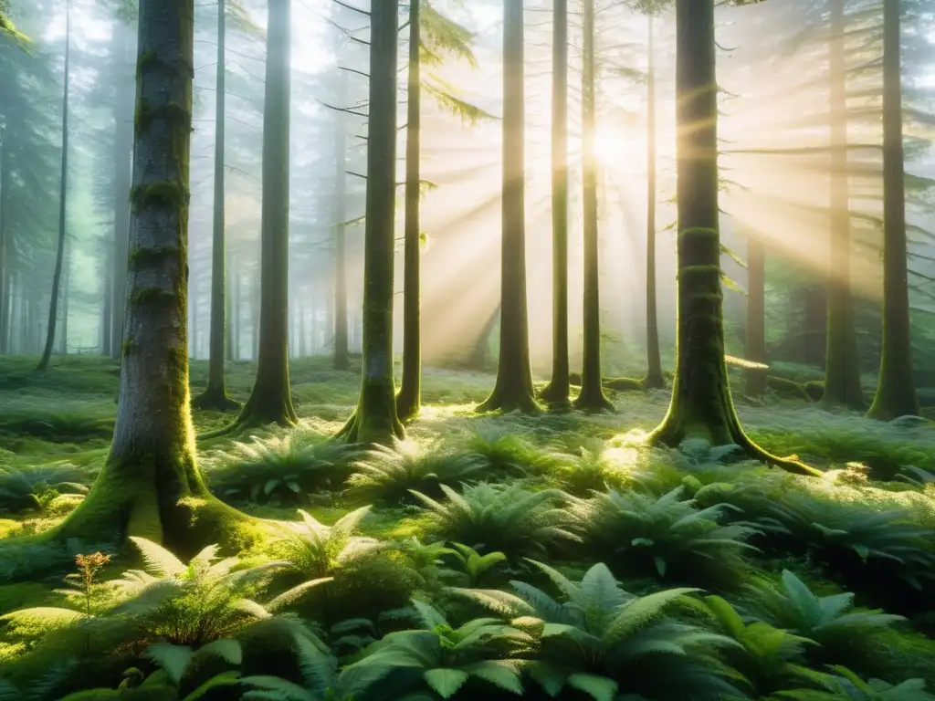 Bosque de ensueño bañado por la luz dorada del amanecer Un bosque exuberante bañado por la suave luz dorada del amanecer
