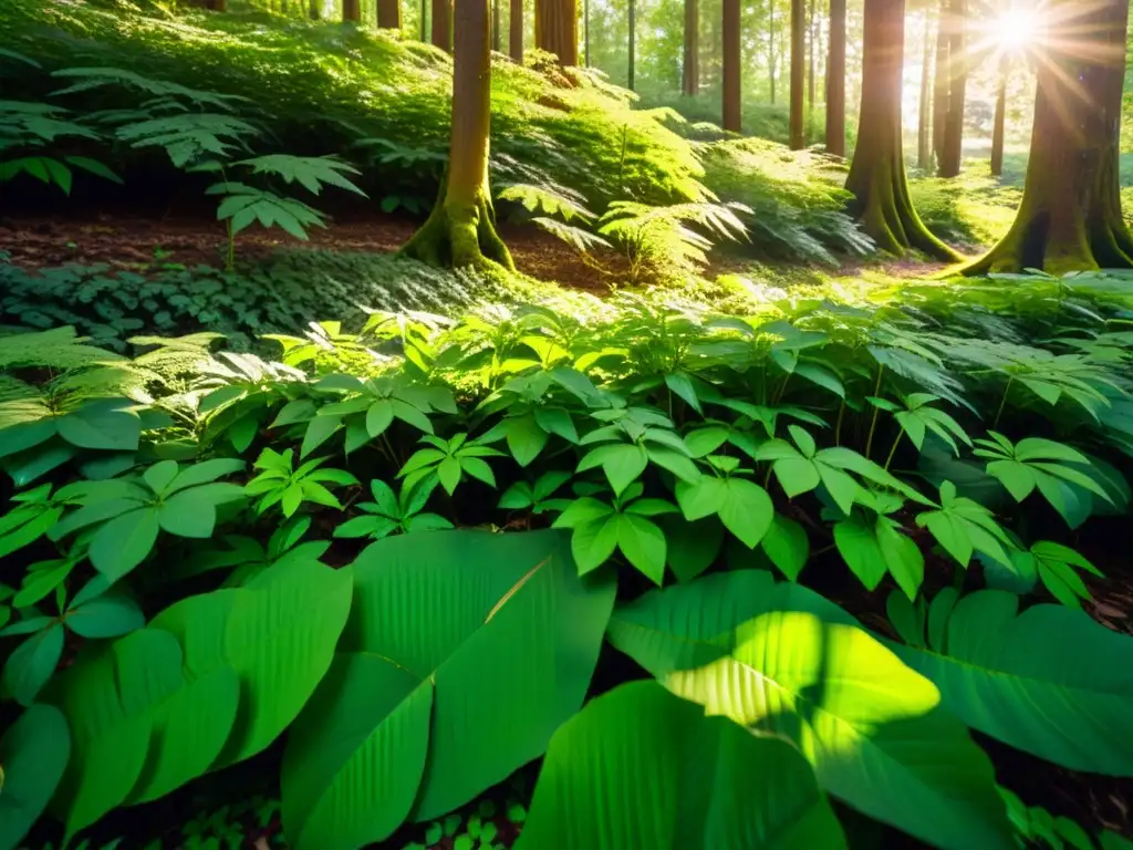 Bosque exuberante: luz solar entre hojas, naturaleza viva Un bosque exuberante con la luz del sol entre las hojas, proyectando sombras en el suelo
