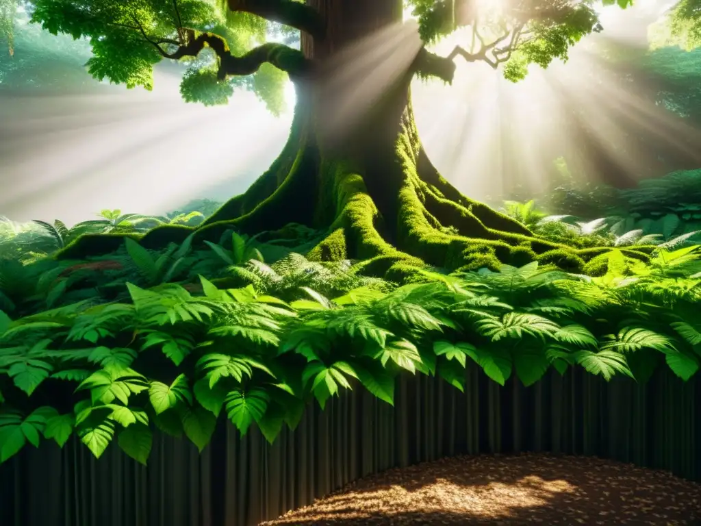 Bosque exuberante en 8k: luz solar y sombras danzantes Un bosque exuberante con luz solar filtrándose a través del dosel, proyectando sombras moteadas en el suelo