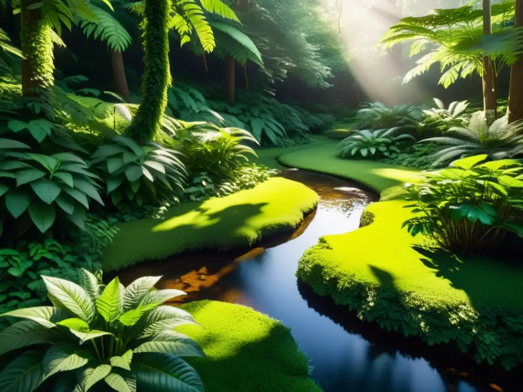 Bosque exuberante: luz solar entre el dosel, reflejos en el arroyo Un bosque exuberante con luz solar filtrándose a través del dosel denso, creando sombras moteadas en la vegetación vibrante