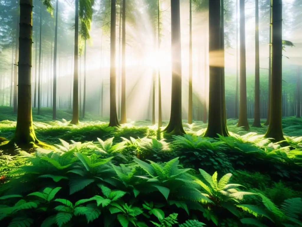 Bosque verde exuberante: sostenibilidad y armonía Un bosque verde exuberante con luz solar filtrándose entre las hojas, proyectando sombras moteadas en el suelo