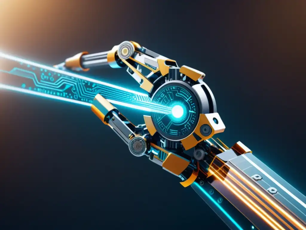 Robótica futurista tejiendo código en paisaje digital Un brazo robótico teje líneas de código en un paisaje digital futurista, rodeado de luces y partículas digitales