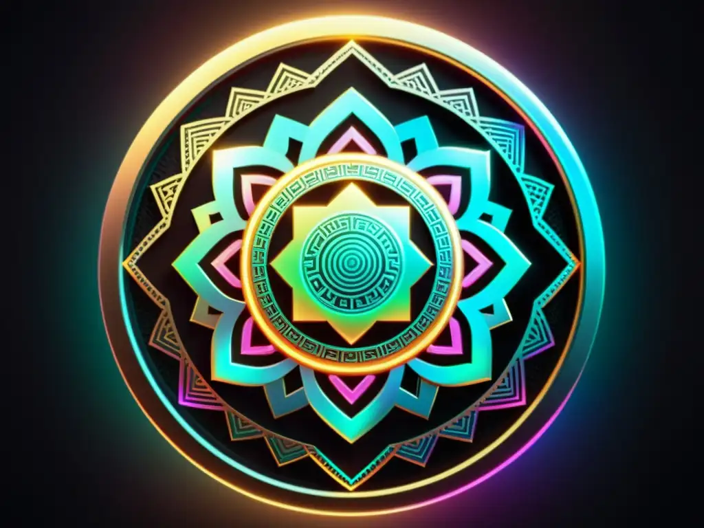 NFT token iridiscente: arte digital minimalista Brillante NFT flotante con patrones geométricos y colores iridiscentes sobre fondo negro, reflejando innovación en arte digital