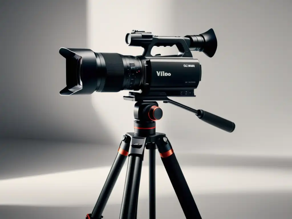 Cámara de vídeo profesional: elegancia minimalista en alta resolución Una cámara de video moderna y elegante en un fondo blanco limpio, iluminada suavemente