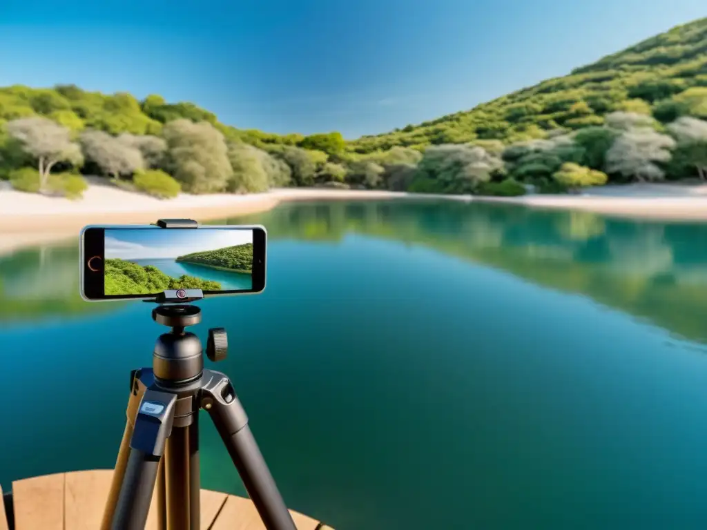 360 Grados de Naturaleza Serena: Cámara Profesional en Acción Una cámara de video 360 capturando un paisaje natural impresionante con un cielo azul claro, exuberante vegetación y un cuerpo de agua tranquilo