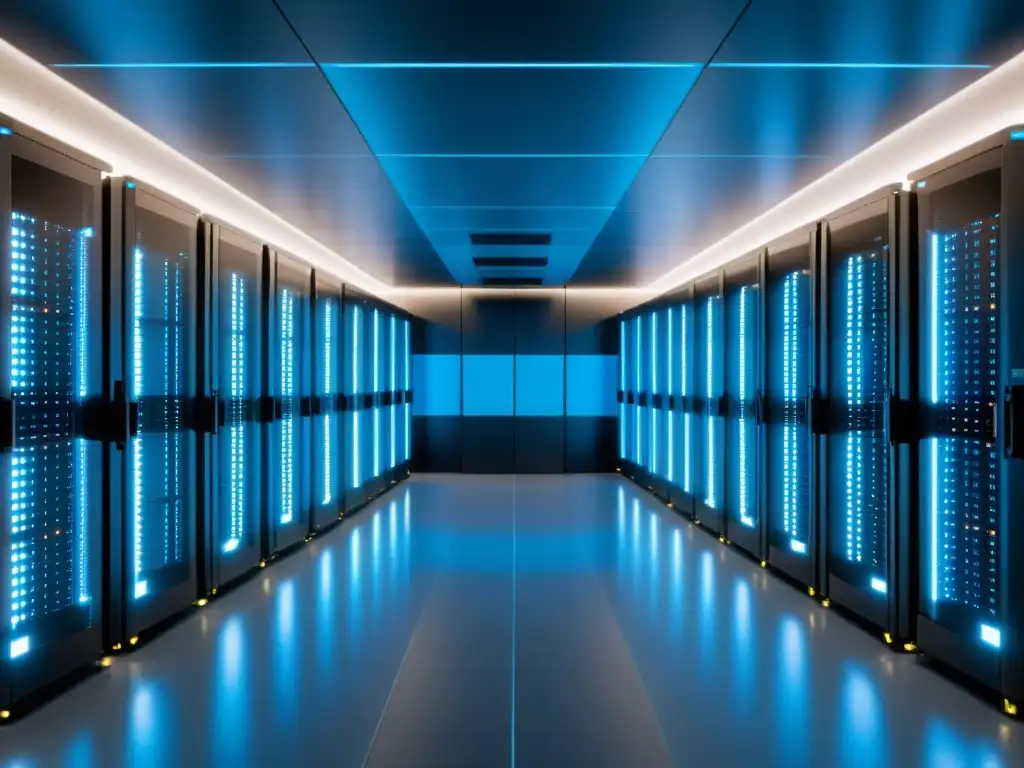 Centro de datos futurista con servidores alineados en azul suave Un centro de datos futurista y ordenado con servidores brillantes en azul