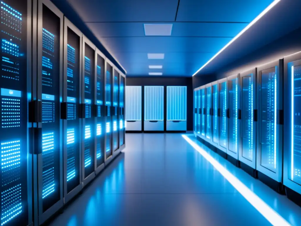 Sala de servidores futurista: optimización SEO en acción Un centro de servidores moderno y elegante iluminado con un suave resplandor azul, con líneas de código en el aire