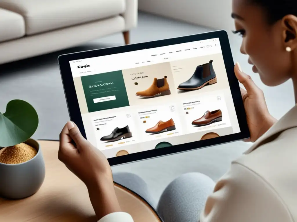 Experiencia de compra online elegante y moderna Cliente navega en ecommerce con interfaz moderna, mejorando ventas con SEO