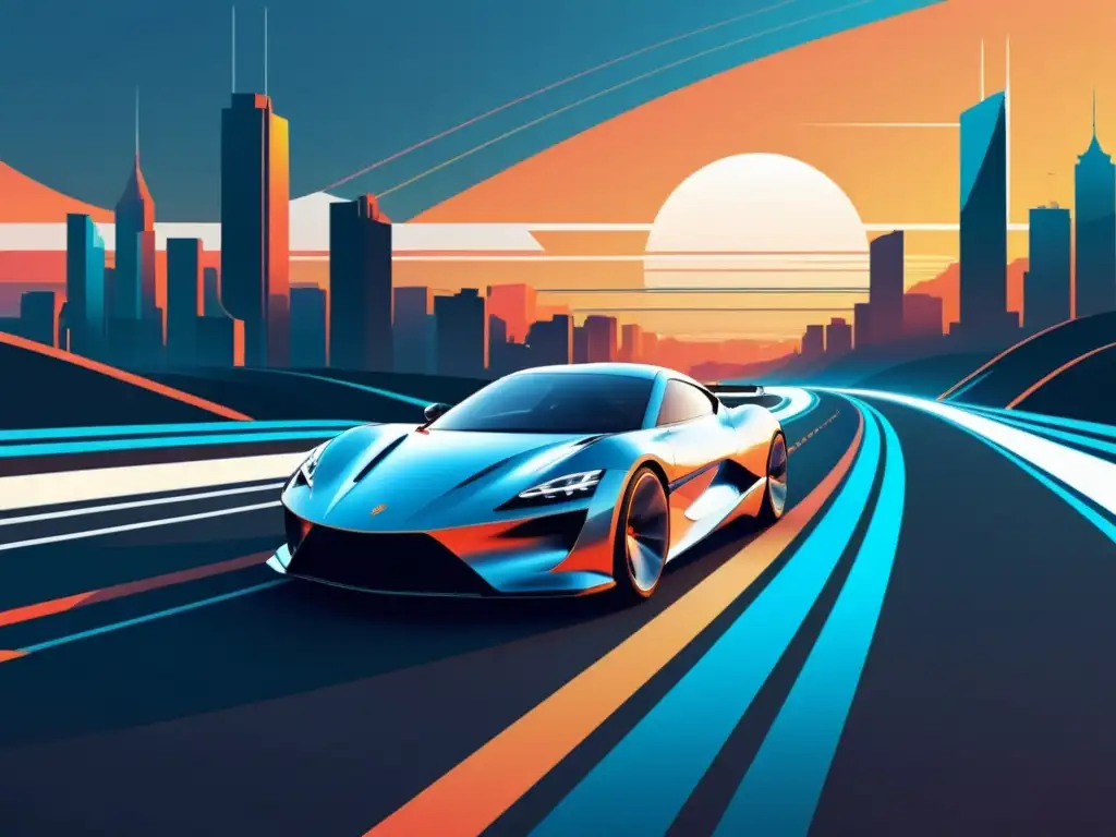 Veloz auto deportivo en autopista futurista al atardecer Un coche deportivo de alta velocidad recorre una autopista futurista al atardecer, transmitiendo modernidad y velocidad