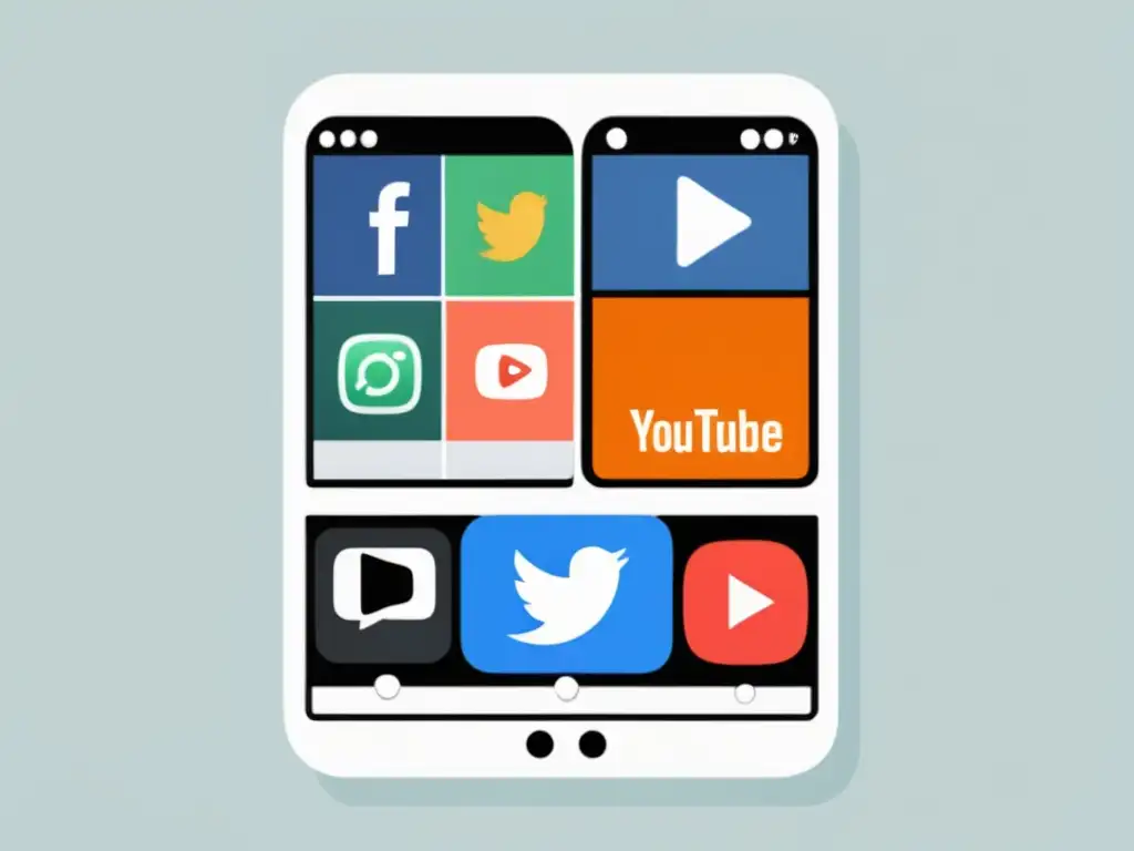 Optimización de vídeos para redes sociales: YouTube, Facebook, Instagram, TikTok Consejos SEO para videos en redes: ilustración minimalista de pantalla dividida en 4 secciones con redes sociales y miniaturas de videos llamativas