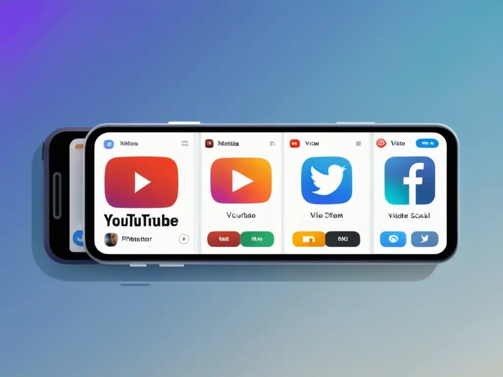 Optimización de videos: plataformas de redes sociales en un smartphone Consejos SEO para videos en redes: Smartphone con pantallas de redes sociales y métricas de engagement