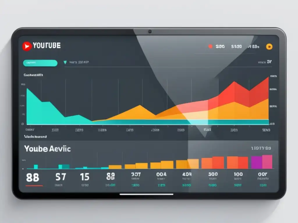 Dashboard de análisis de video de YouTube en 8k, muestra aumento en vistas y suscriptores