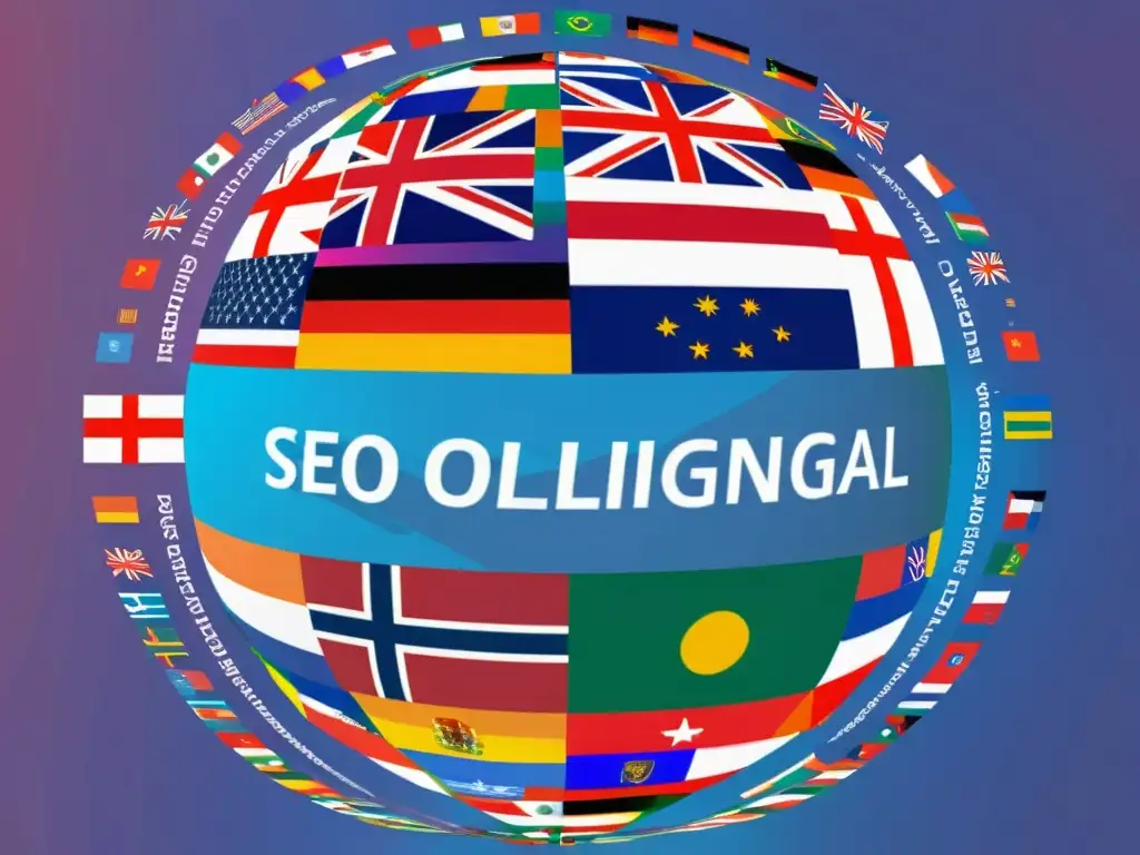 Global SEO: desafíos y soluciones en múltiples idiomas Un detallado y minimalista globo terráqueo con múltiples idiomas y banderas, representando el mercado internacional SEO multilingüe