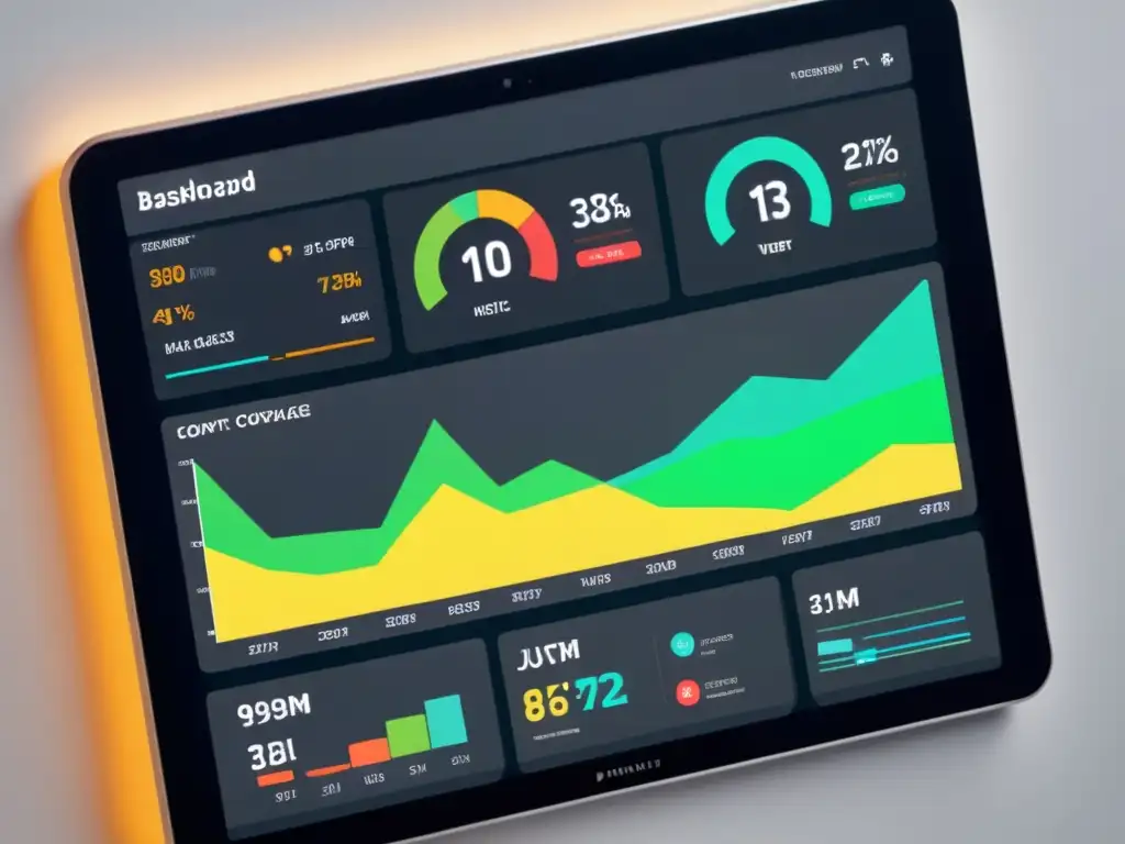Panel de análisis de eventos en tiempo real: métricas y resultados Un elegante panel de análisis digital muestra métricas en tiempo real y estrategias de contenido, con gráficos modernos y tipografía legible