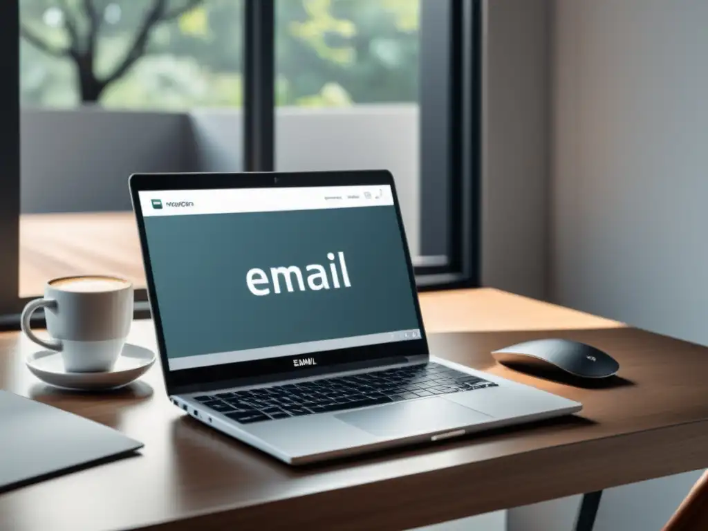 Escritorio minimalista con laptop y café para trabajar Escritorio minimalista con laptop, café y plataforma de enviar emails estrategia SEO, iluminado por luz natural