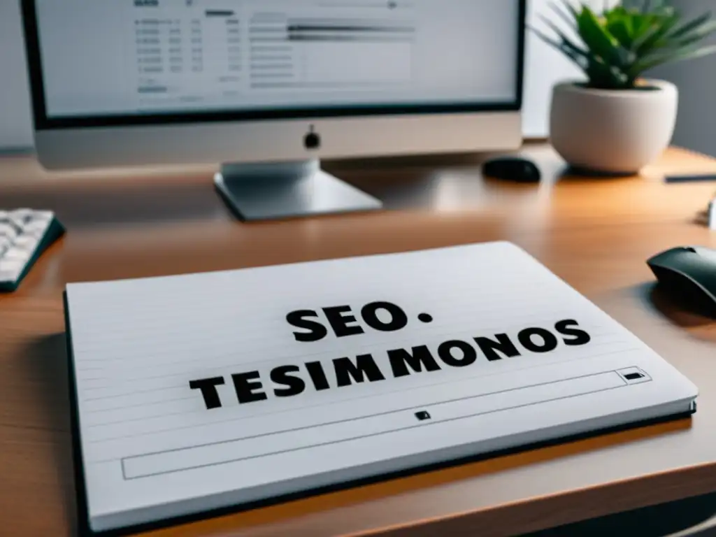 Oficina minimalista con SEO OffPage Testimonios Escritorio moderno con computadora, notas y persona trabajando