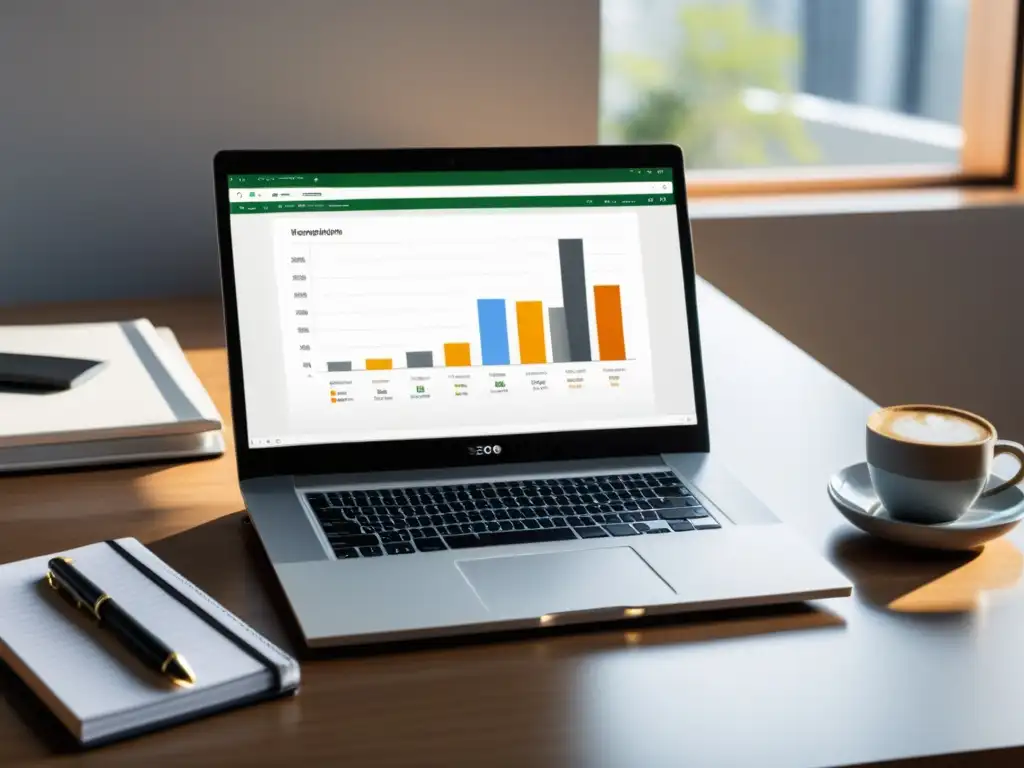 Oficina minimalista y productiva con laptop y gráficos SEO Escritorio moderno y minimalista con integración de SEO y video marketing, creando un ambiente profesional y productivo