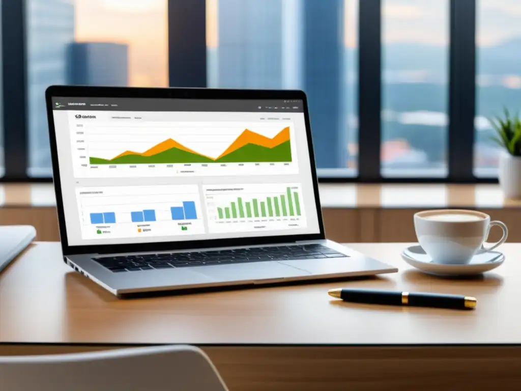 Escritorio moderno con laptop y café: imagen de productividad Un escritorio moderno y minimalista con laptop de alta calidad, bloc de notas y café, bañado en luz natural