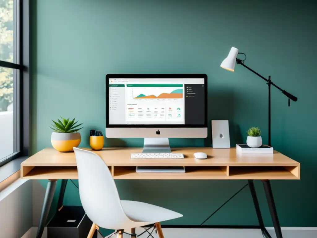 Workspace minimalista con herramientas de Ecommerce Espacio de trabajo minimalista con herramientas de analítica para Ecommerce, elegante y profesional, bañado por luz natural