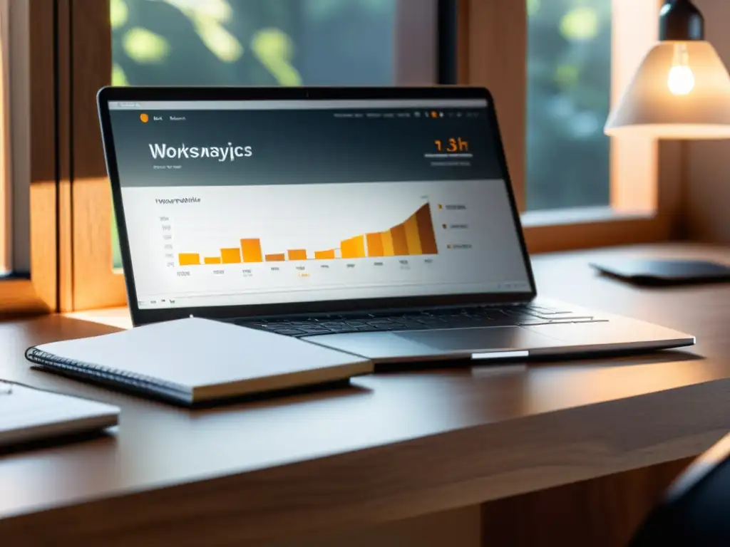 Oficina minimalista con análisis de tráfico web en laptop 8k Espacio de trabajo minimalista con herramientas de analítica para Ecommerce