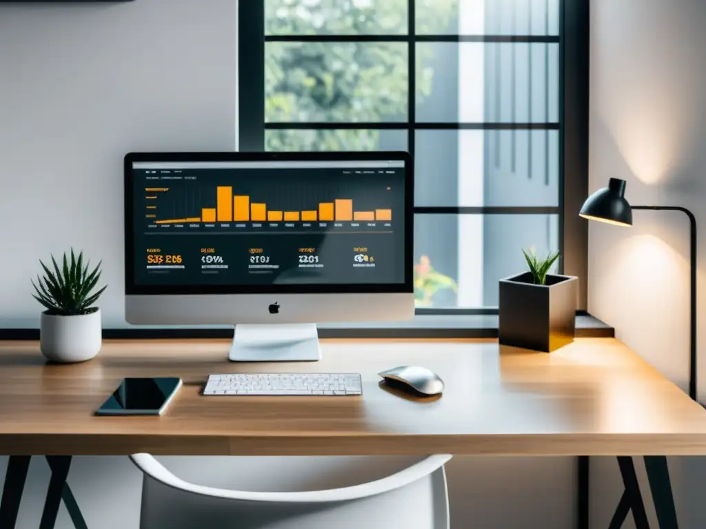 Workspace minimalista con herramientas de análisis y dashboard de ecommerce Espacio de trabajo minimalista con Herramientas de analítica para Ecommerce, bañado en luz natural