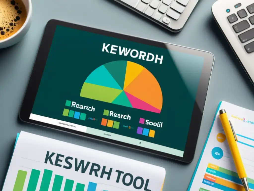Espacio de trabajo moderno con herramienta de investigación de palabras clave en pantalla de smartphone, reflejando estrategias de keywords para apps