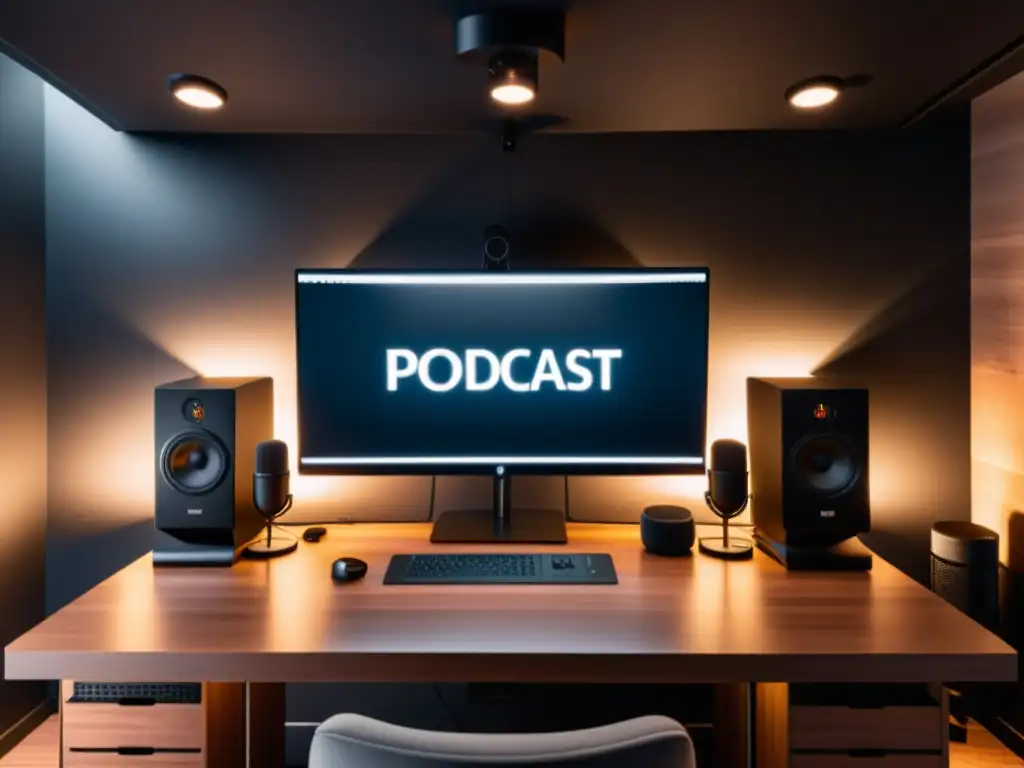 Estudio de podcast profesional en 8k: moderno y minimalista Un estudio de podcast moderno y elegante con micrófonos profesionales, paneles de insonorización y una configuración minimalista