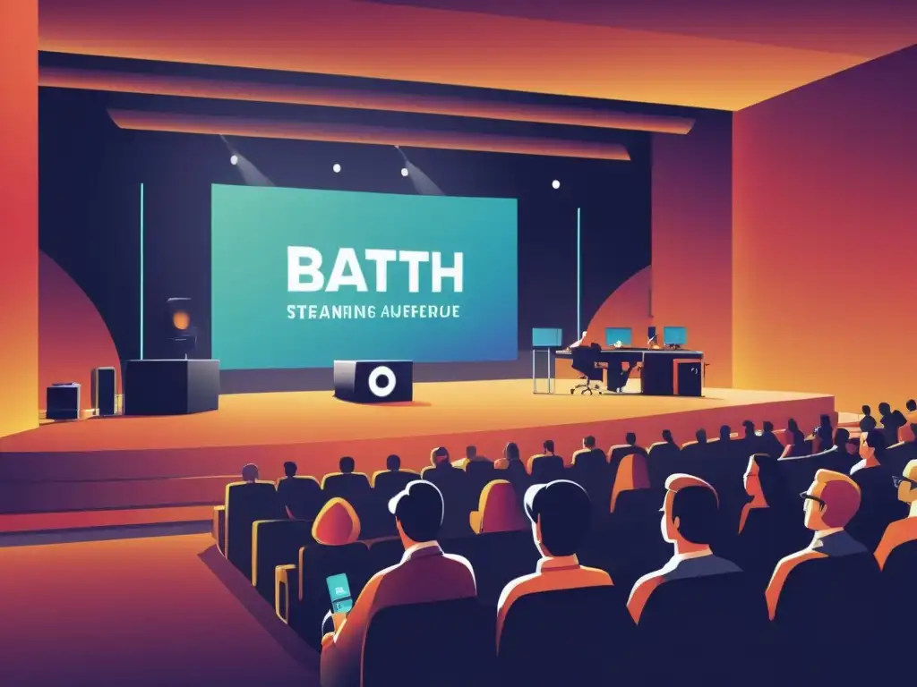 Evento en Vivo: Tecnología y Emoción Un evento enérgico con estrategias de contenido en tiempo real: público diverso, escenario, transmisión en vivo y luz cálida