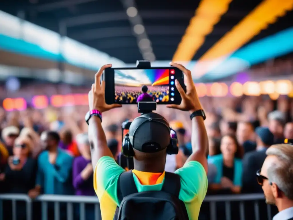 Capturando la energía de un evento en vivo Un fotógrafo capturando la energía de un evento en vivo con una cámara elegante y negra, mientras una vibrante multitud está visible en el fondo