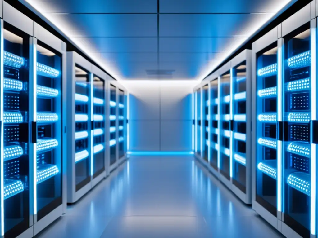 Sala de servidores futurista en 8k, bañada en luz azul suave Server room futurista en 8k con iluminación azul, servidor blanco y orden impecable para mejorar velocidad carga SEO servidor