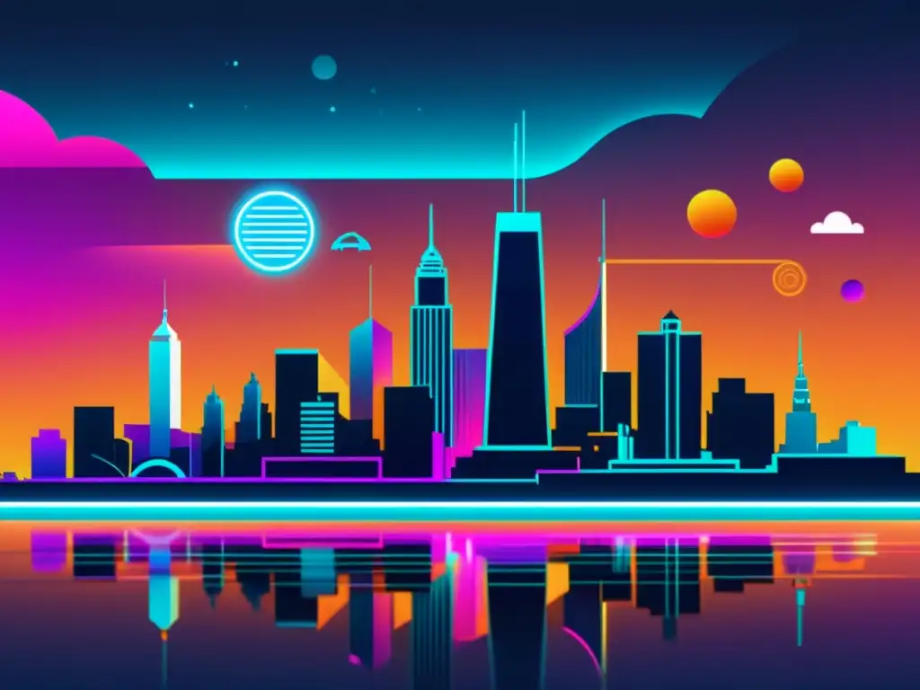 Arte digital futurista de la ciudad con símbolos NFT Futurista ciudad con símbolos NFT vibrantes y neón