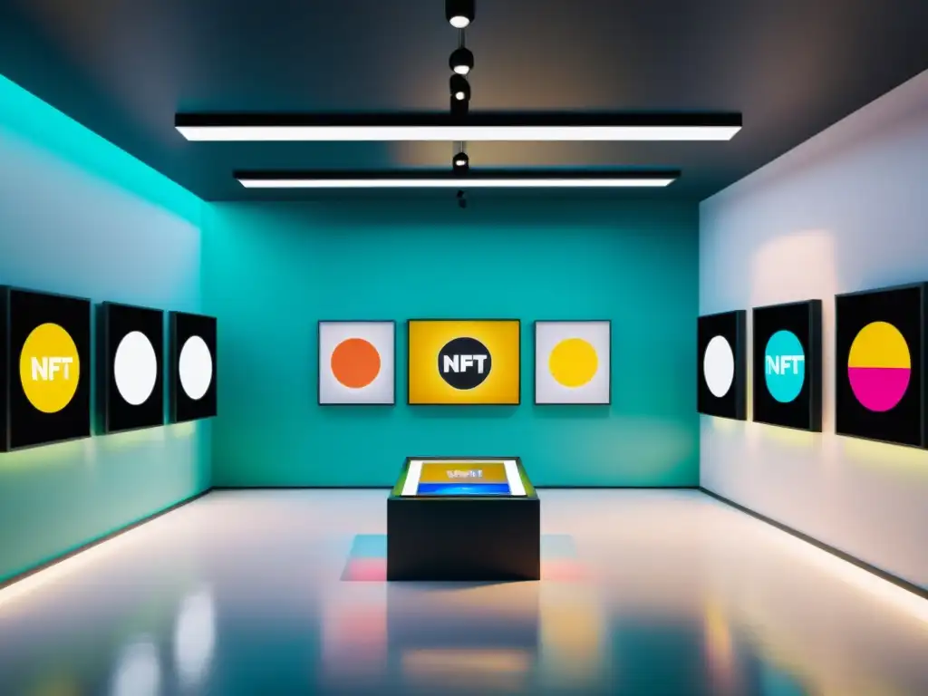 Galería de Arte Digital con NFT: Diversidad y Creatividad Una galería de arte digital con tokens NFT exhibiendo obras vibrantes y diversas