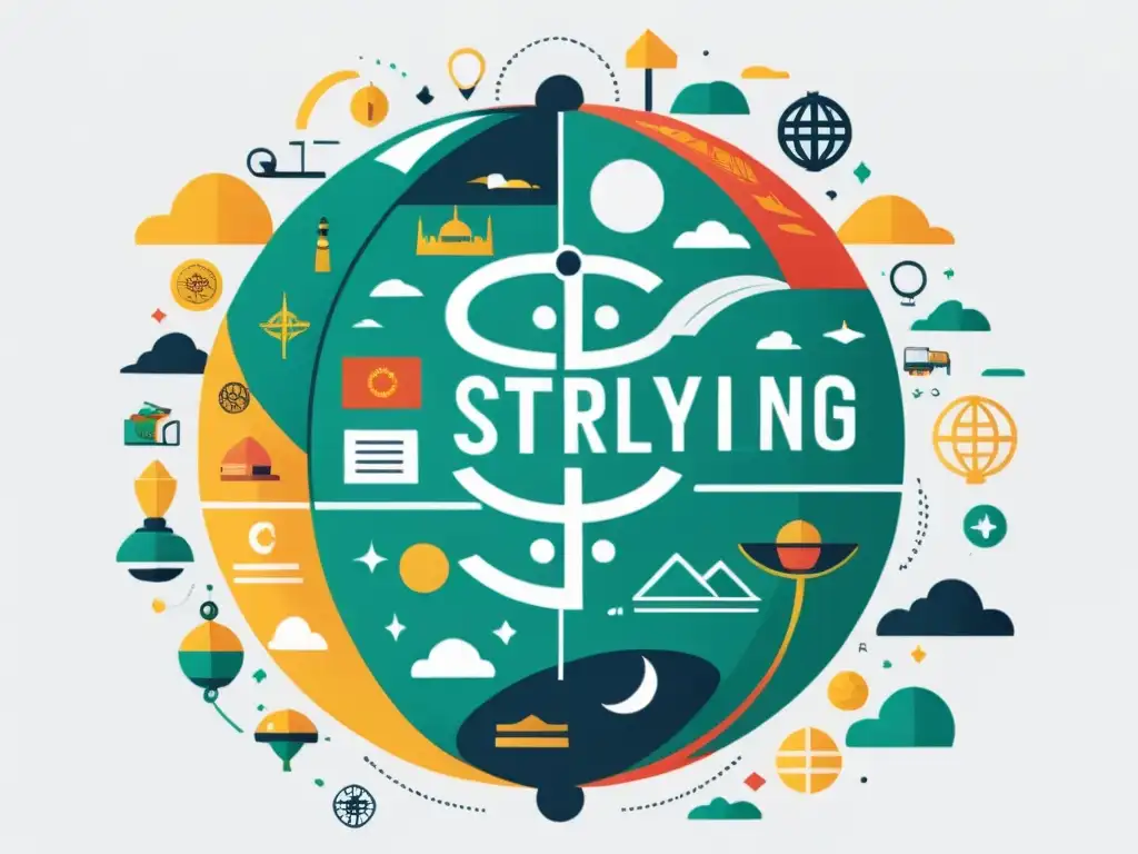 Global Storytelling: Culturas, SEO y Conexión Un globo terráqueo minimalista con elementos de narración entrelazados, representando la diversidad cultural y SEO, en un fondo blanco limpio