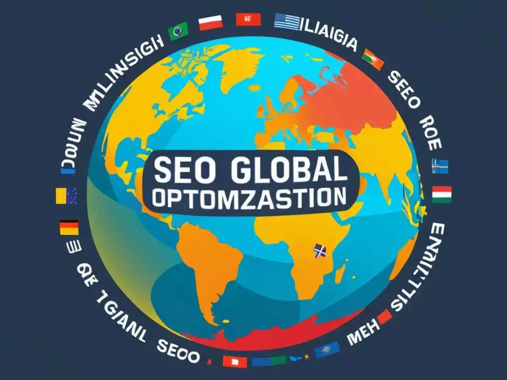 Optimización SEO multilingüe: Conquista global Un globo terráqueo con palabras clave de SEO multilingüe flotando, simbolizando la conquista del mercado internacional con SEO multilingüe