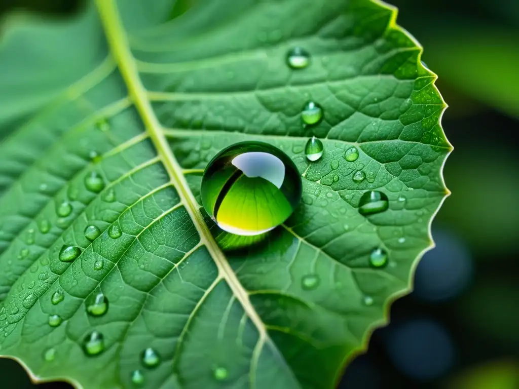 Gotas de agua en hoja - detalle asombroso Una gota de agua perfectamente formada en una hoja verde, con detalles asombrosos