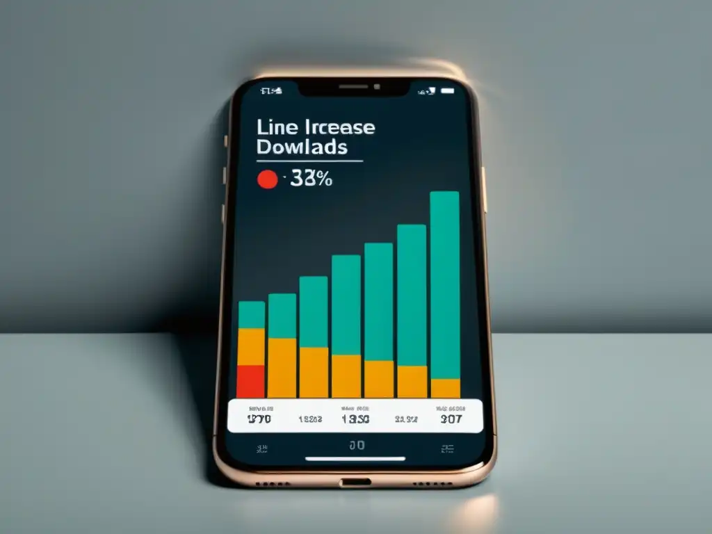 Gráficos de usuarios y descargas de apps en smartphone Gráfico de línea en smartphone muestra aumento de usuarios de app con gráfico de barras de descargas