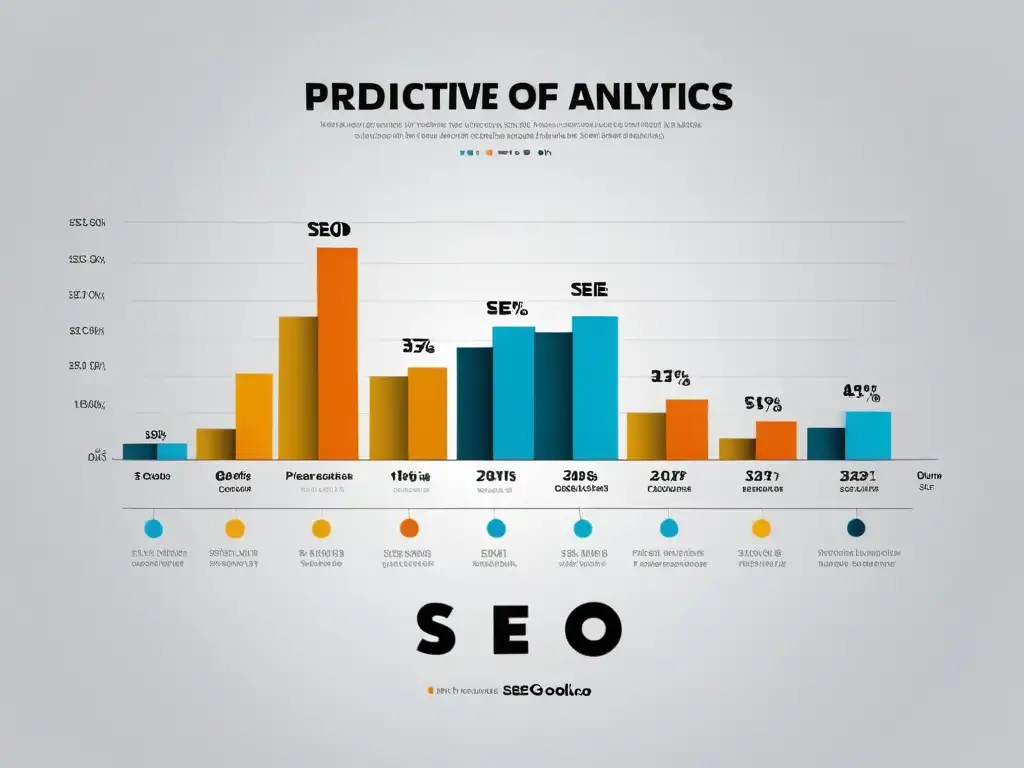 Gráfico evolución análisis predictivo SEO Gráfico minimalista de la evolución de la analítica predictiva en SEO, con líneas vibrantes que representan tendencias y estrategias