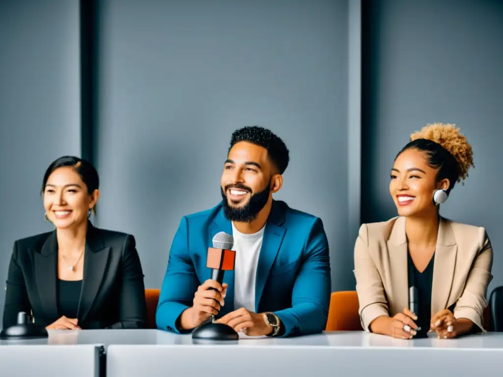 Influencers expertos en panel: confianza y credibilidad en SEO Un grupo diverso de influencers habla con confianza en un panel, transmitiendo profesionalismo y credibilidad