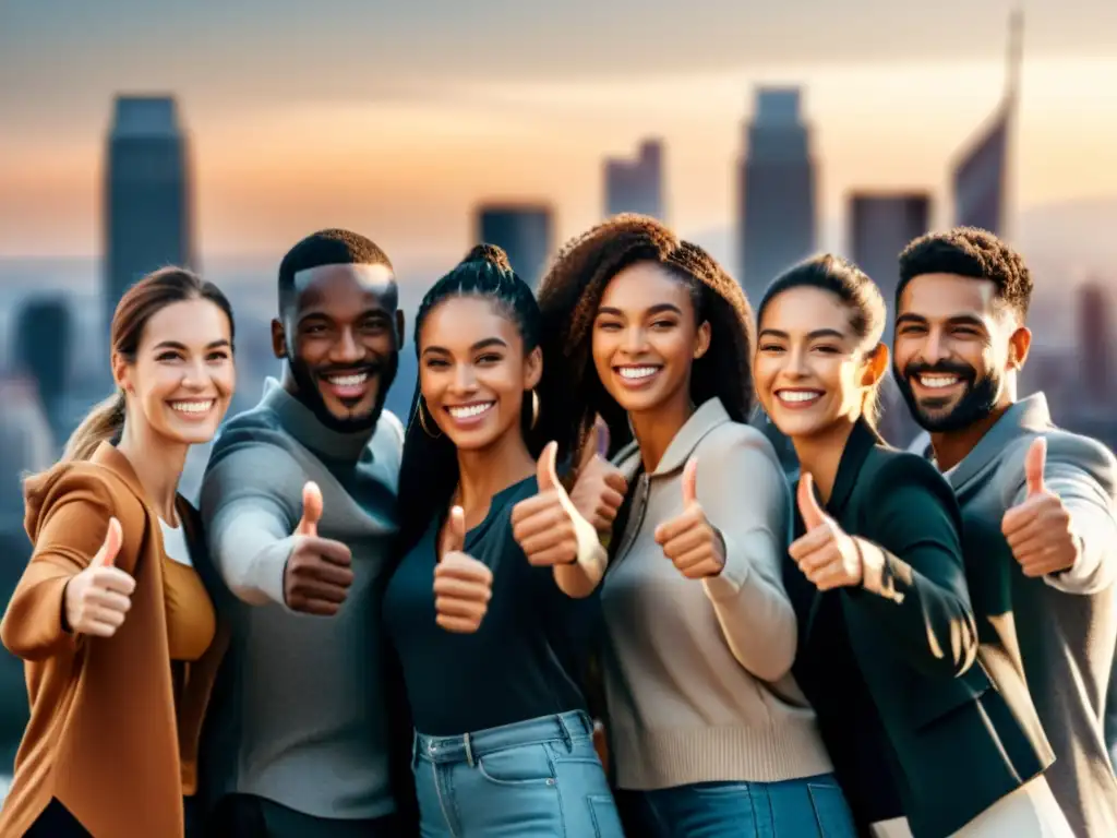Sonrisas genuinas: diversidad y positividad urbana Un grupo diverso de personas sonriendo y dando pulgares arriba, con una ciudad borrosa de fondo