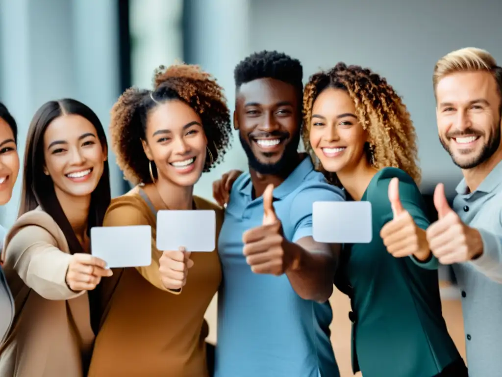 Grupo diverso sonriendo y mostrando testimonios Un grupo diverso de personas sonrientes muestra carteles con testimonios positivos en un ambiente moderno
