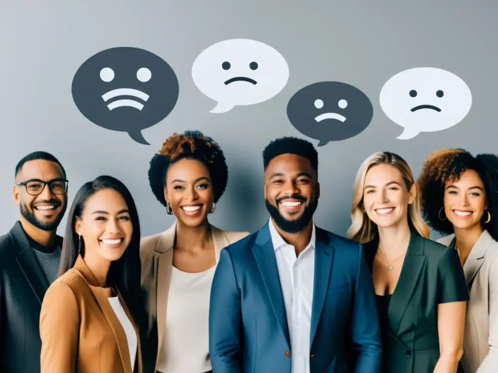 Testimonios profesionales: Diversidad sonriente Un grupo diverso y profesional sonríe en una oficina moderna, con testimonios positivos en bocadillos sobre sus cabezas