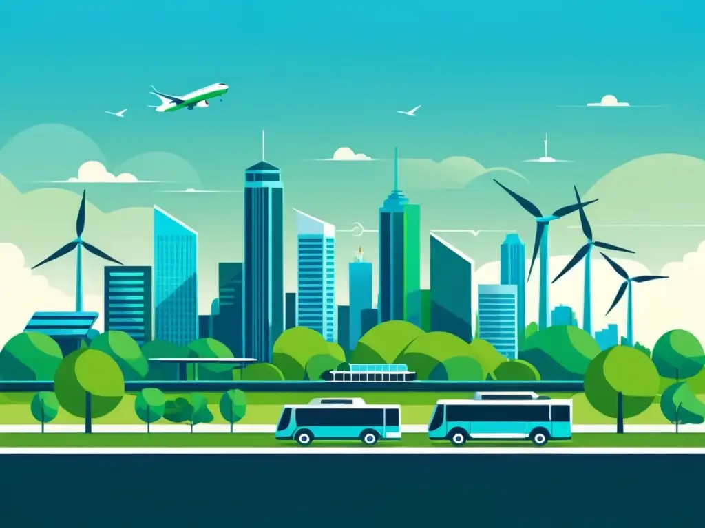 Metrópolis futurista sostenible con tecnología verde Una ilustración minimalista de una ciudad futurista con características sostenibles como techos verdes, paneles solares y turbinas eólicas