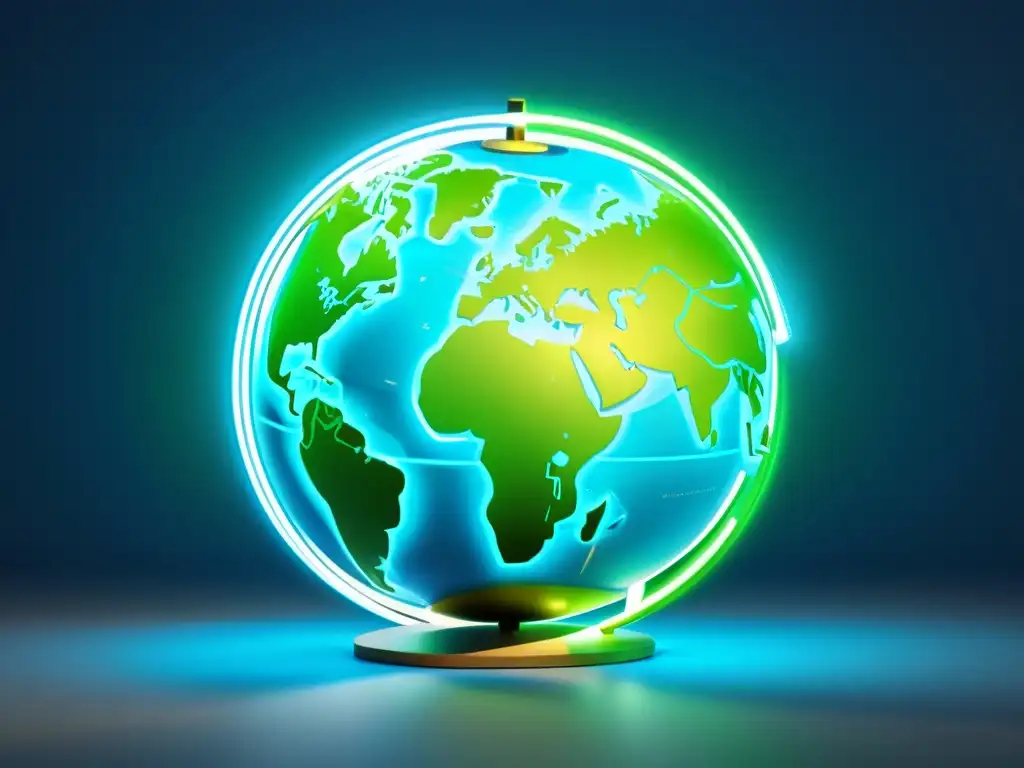 Optimización web sostenible: Globo con energía verde interconectada Una ilustración minimalista de un globo terráqueo rodeado de símbolos verdes de energía, representando la optimización sostenible de la velocidad de página para el planeta y los motores de búsqueda
