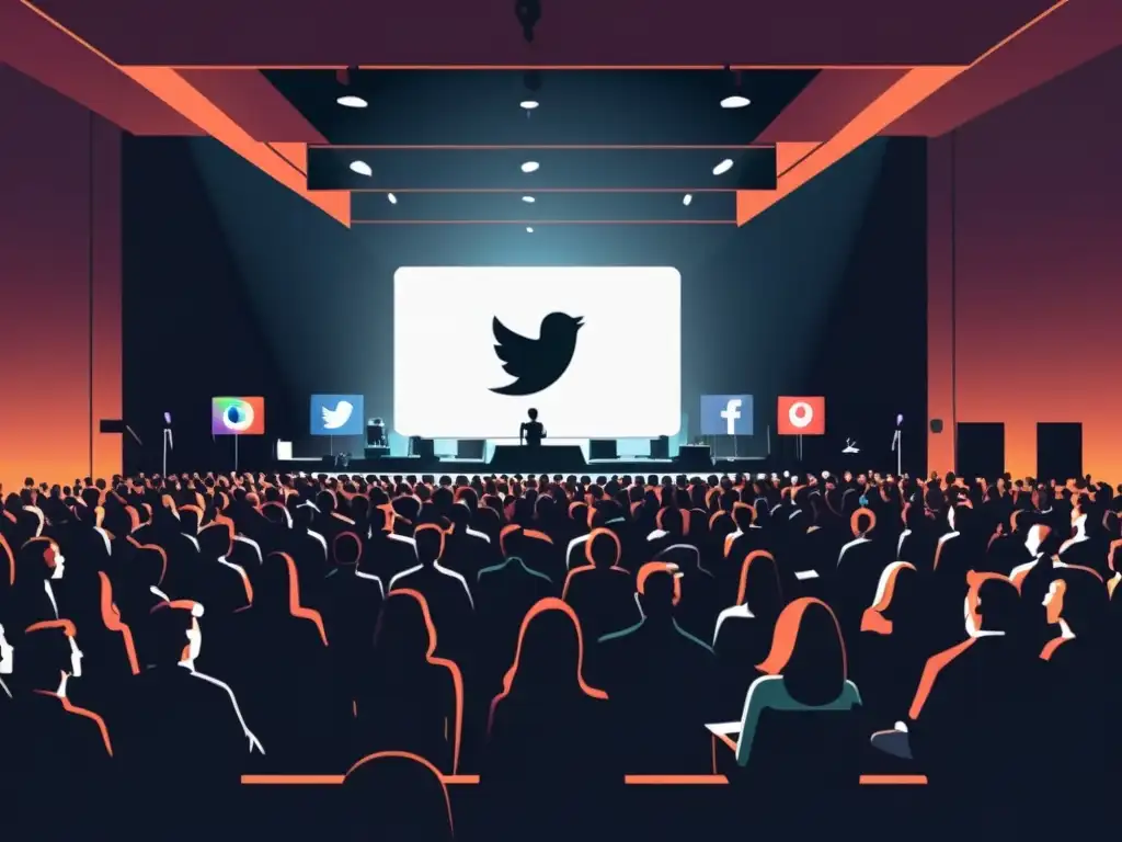 Escenario vibrante en evento con pantallas de contenido en tiempo real Una ilustración minimalista de un lugar abarrotado con estrategias de contenido en tiempo real