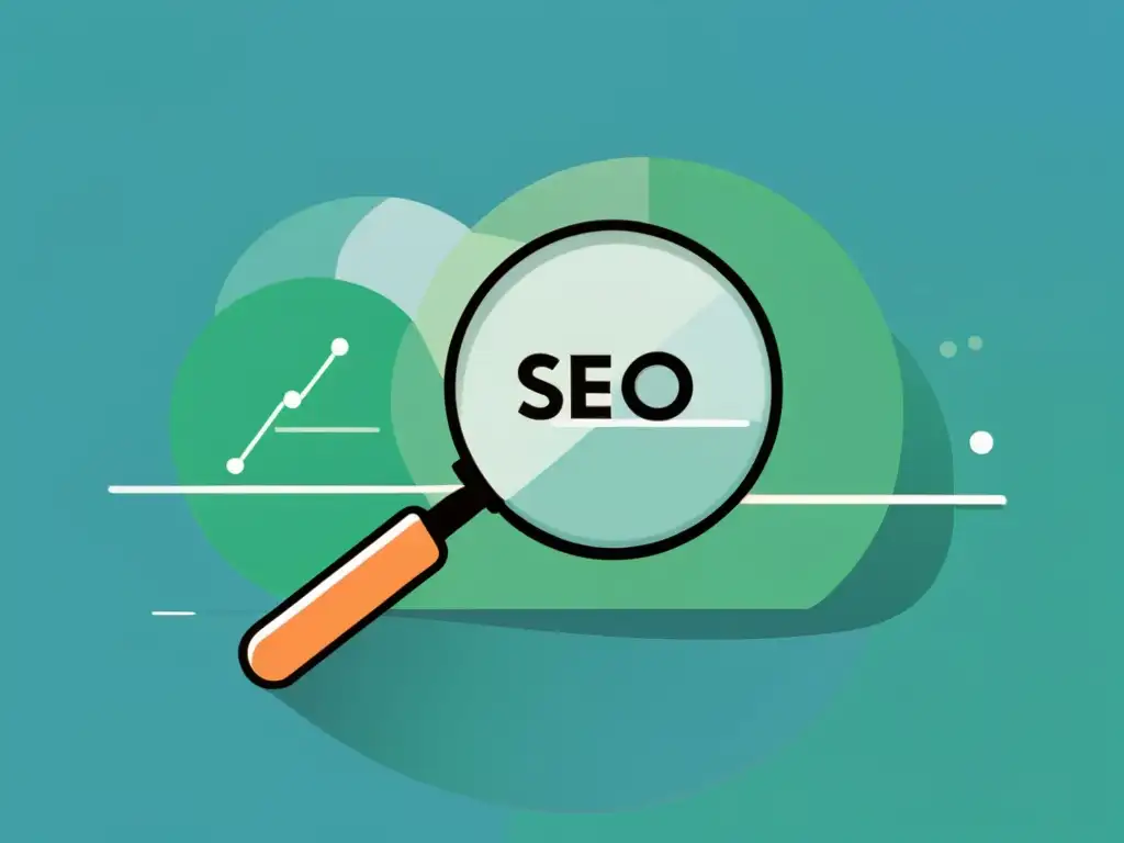 Análisis SEO con Serpstat: Profesional y Educativo Una ilustración minimalista de una lupa sobre una pantalla de ordenador, con métricas SEO, simbolizando el análisis profundo con Serpstat