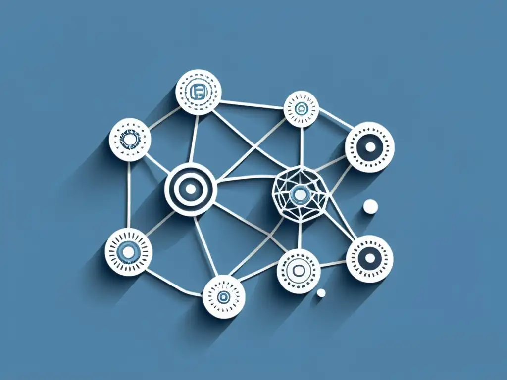 Ilustración minimalista de nodos interconectados: web descentralizada Una ilustración minimalista de nodos interconectados y líneas, representando la web descentralizada y con símbolos semánticos