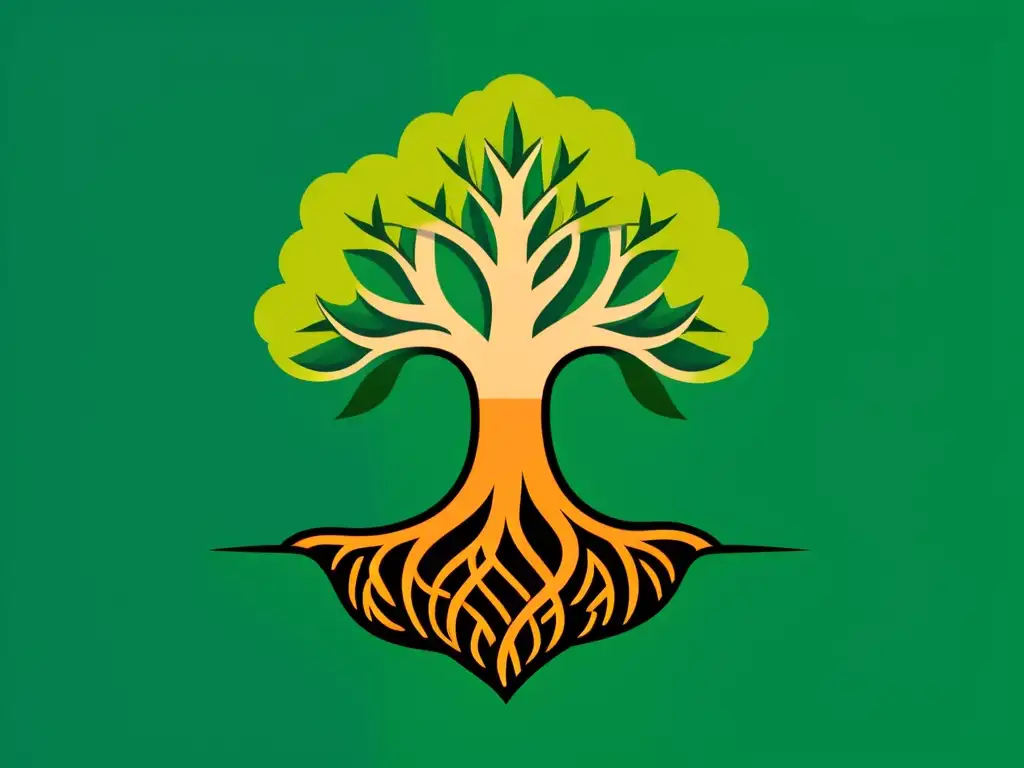 Árbol de SEO: Contenido Evergreen para tu Éxito Una ilustración minimalista de un robusto roble, símbolo de contenido evergreen para SEO OnPage, con raíces profundas y hojas verdes exuberantes